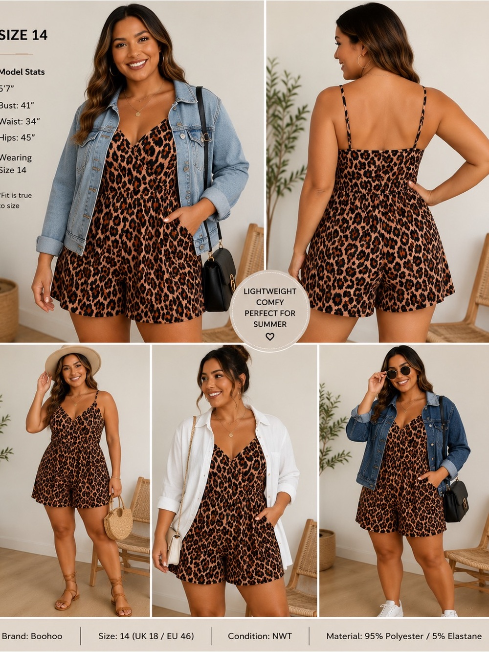 NWT Boohoo Leopard Print Romper Womens 14 Tan Black Stretch Summer Playsuit